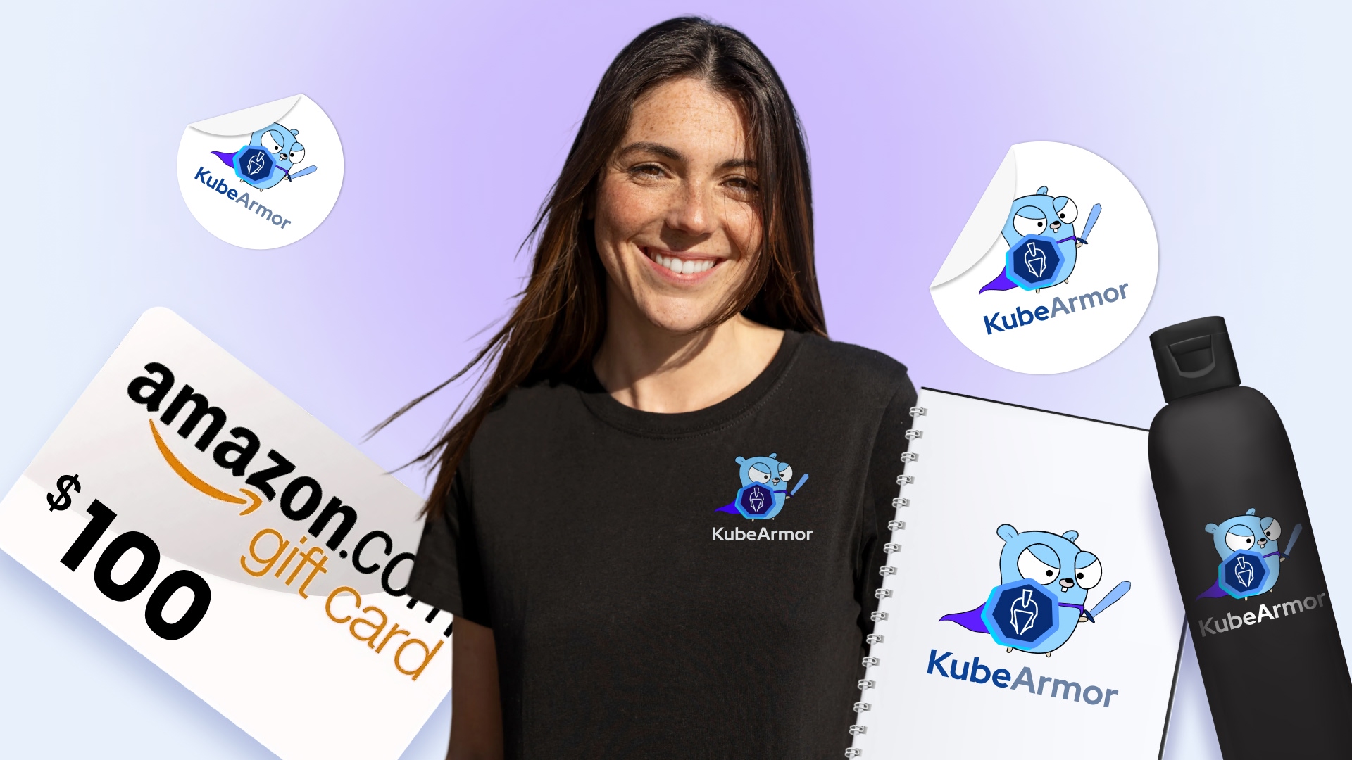 Top 3 prize bundle with $100 Amazon gift card, KubeArmor t-shirt, stickers, notebook, and water bottle